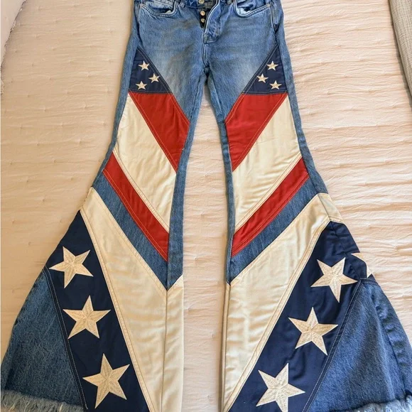Free People Blue and Red Star Flare Jeans - Picture 1 of 10